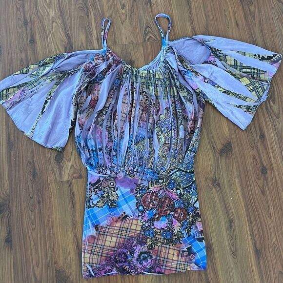 Yu're Y2k purple floral butterfly sleeves cold shoulder top size S vintage - Picture 5 of 6